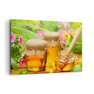 Cuadro sobre lienzo - Impresión de Imagen - Tarros de miel con flores sobre el fondo de un jardín de verano. - 120x80cm - Dulce y floral - Decoración de pared moderna para salón y dormitorio ARTTOR
