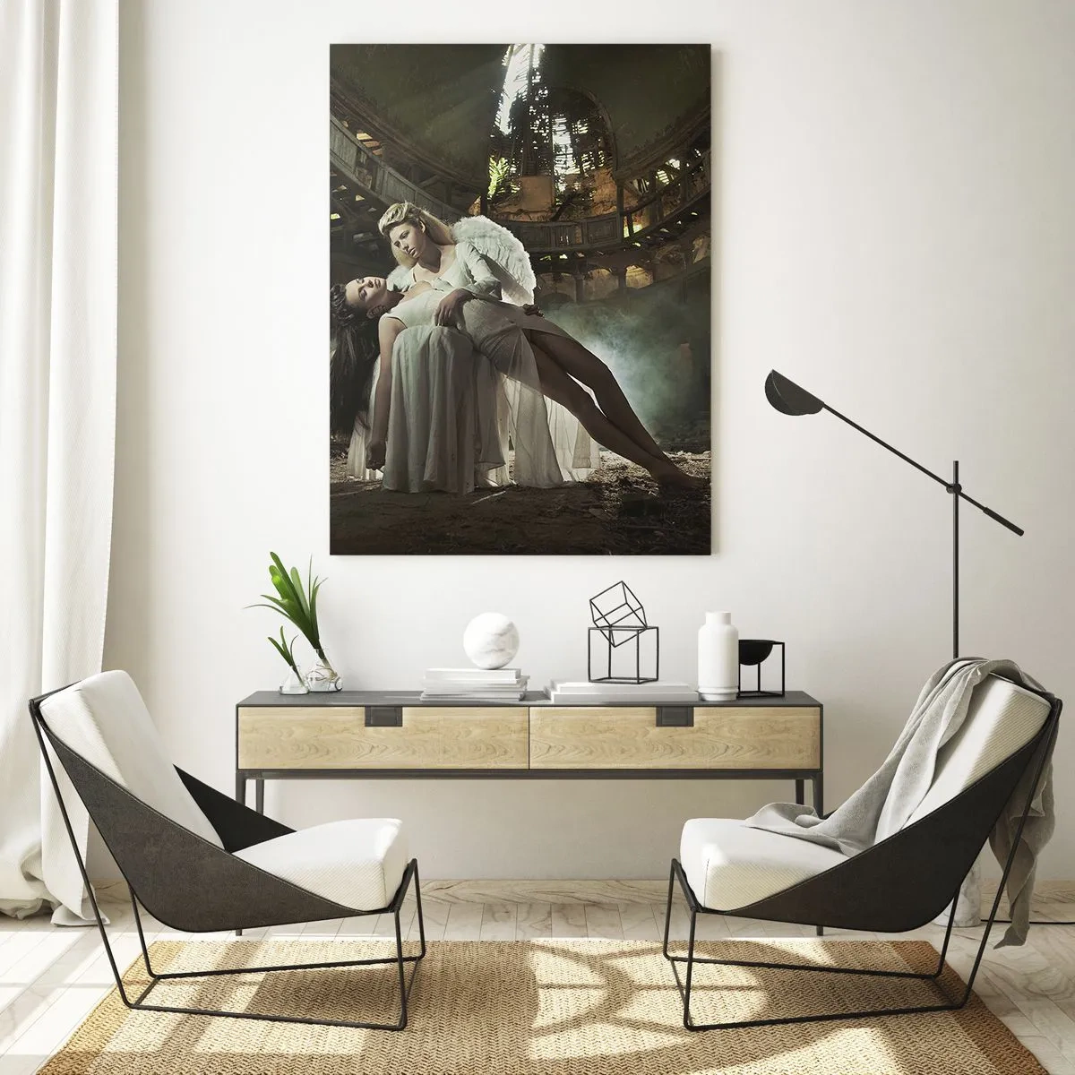 Cuadro sobre vidrio - Impresiones sobre Vidrio - Dos figuras en ruinas con un juego de luces. - 80x120cm - El espíritu del viejo teatro - Decoración de pared moderna para salón y dormitorio ARTTOR