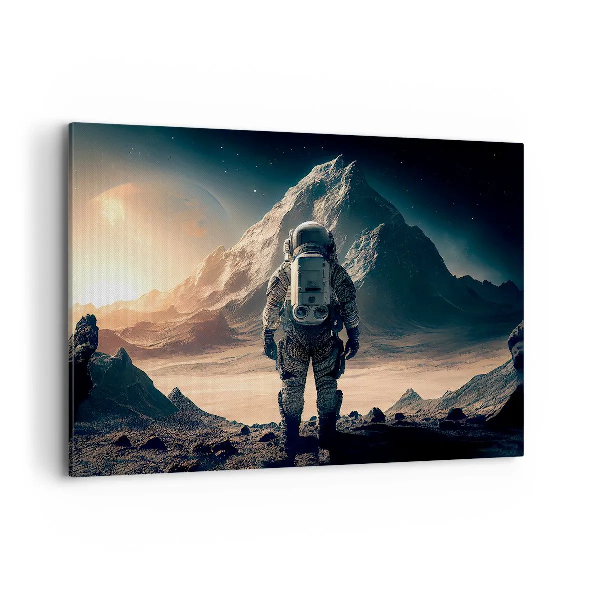 Cuadro sobre lienzo - Impresión de Imagen - Astronauta con el telón de fondo de majestuosas montañas - 100x70cm - Un nuevo reto - Decoración de pared moderna para salón y dormitorio ARTTOR