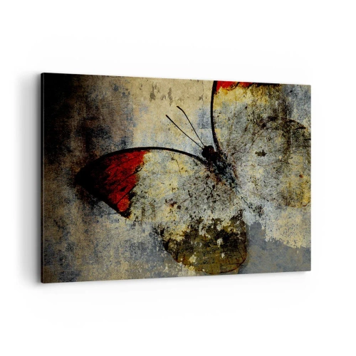 Cuadro sobre lienzo - Impresión de Imagen - Una mariposa en tonos rojos y grises sobre un fondo texturizado. - 120x80cm - Mira antes de que desaparezca - Decoración de pared moderna para salón y dormitorio ARTTOR