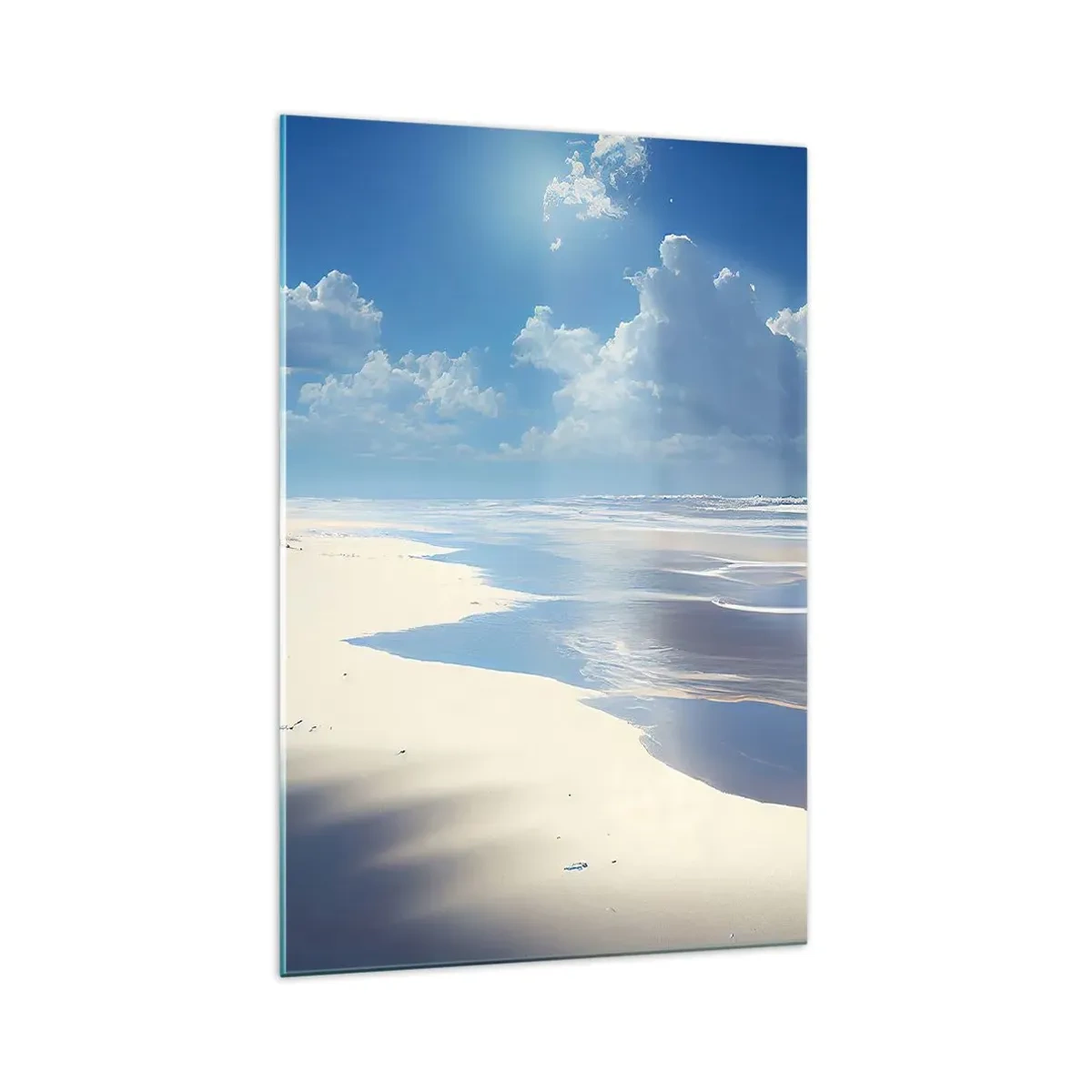 Cuadro sobre vidrio - Impresiones sobre Vidrio - Una playa de arena con olas bajo un cielo azul. - 70x100cm - Vacaciones en el paraíso - Decoración de pared moderna para salón y dormitorio ARTTOR