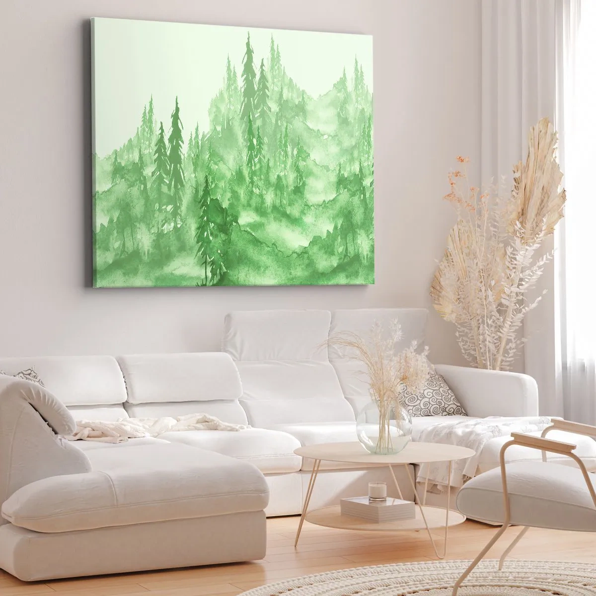 Cuadro sobre lienzo - Impresión de Imagen - Bosque verde en estilo acuarela sobre un fondo claro - 70x50cm - Difuminado con niebla verde - Decoración de pared moderna para salón y dormitorio ARTTOR