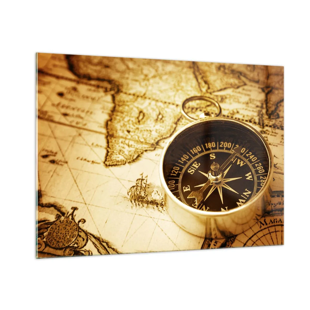 Cuadro sobre vidrio - Impresiones sobre Vidrio - Una brújula dorada sobre un fondo de mapa antiguo. - 100x70cm - ¿Este u Oeste? - Decoración de pared moderna para salón y dormitorio ARTTOR