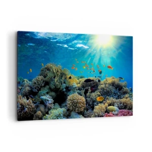 Cuadro sobre lienzo - Impresión de Imagen - Arrecife de coral con peces bajo los rayos del sol bajo el agua. - 120x80cm - Tesoros submarinos - Decoración de pared moderna para salón y dormitorio ARTTOR