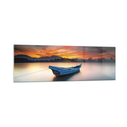 Cuadro sobre vidrio - Impresiones sobre Vidrio - Un barco en el agua durante una pintoresca puesta de sol. - 160x50cm - Se avecina una buena noche - Decoración de pared moderna para salón y dormitorio ARTTOR
