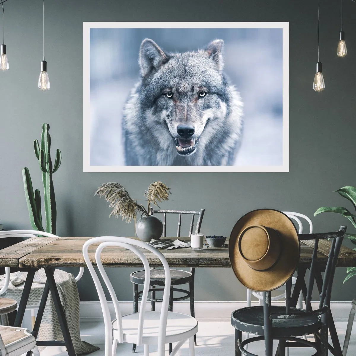 Póster - Un lobo con una mirada intensa en un paisaje invernal. - 100x70cm - ¿Aceptarás el reto? - Decoración de pared moderna para salón y dormitorio ARTTOR