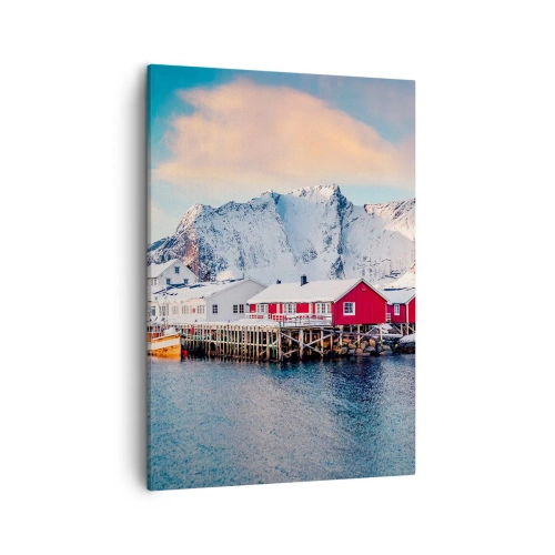 Cuadro sobre lienzo - Impresión de Imagen - Casas rojas con el telón de fondo de montañas nevadas y el mar azul. - 50x70cm - Un retiro en el norte - Decoración de pared moderna para salón y dormitorio ARTTOR
