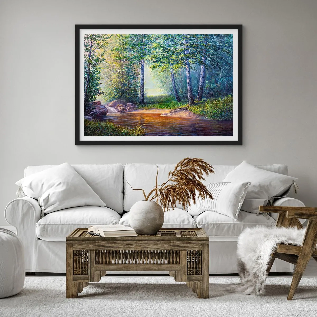 Póster en marco negro - Un arroyo forestal rodeado de abedules y sol. - 100x70cm - Paisaje idílico - Decoración de pared moderna para salón y dormitorio ARTTOR