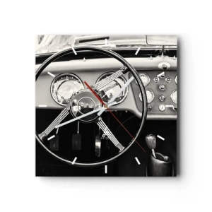 Reloj de pared - Reloj de vidrio - Interior de coche clásico en blanco y negro - 30x30cm - El sueño de un coleccionista - Decoración de pared moderna para salón y dormitorio ARTTOR