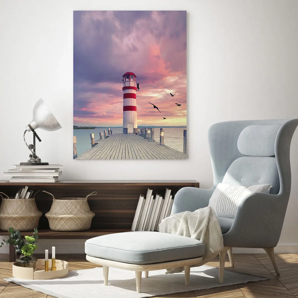 Cuadro sobre vidrio - Impresiones sobre Vidrio - Un faro en el muelle rodeado de una pintoresca puesta de sol. - 70x100cm - Hora de ir al puerto - Decoración de pared moderna para salón y dormitorio ARTTOR