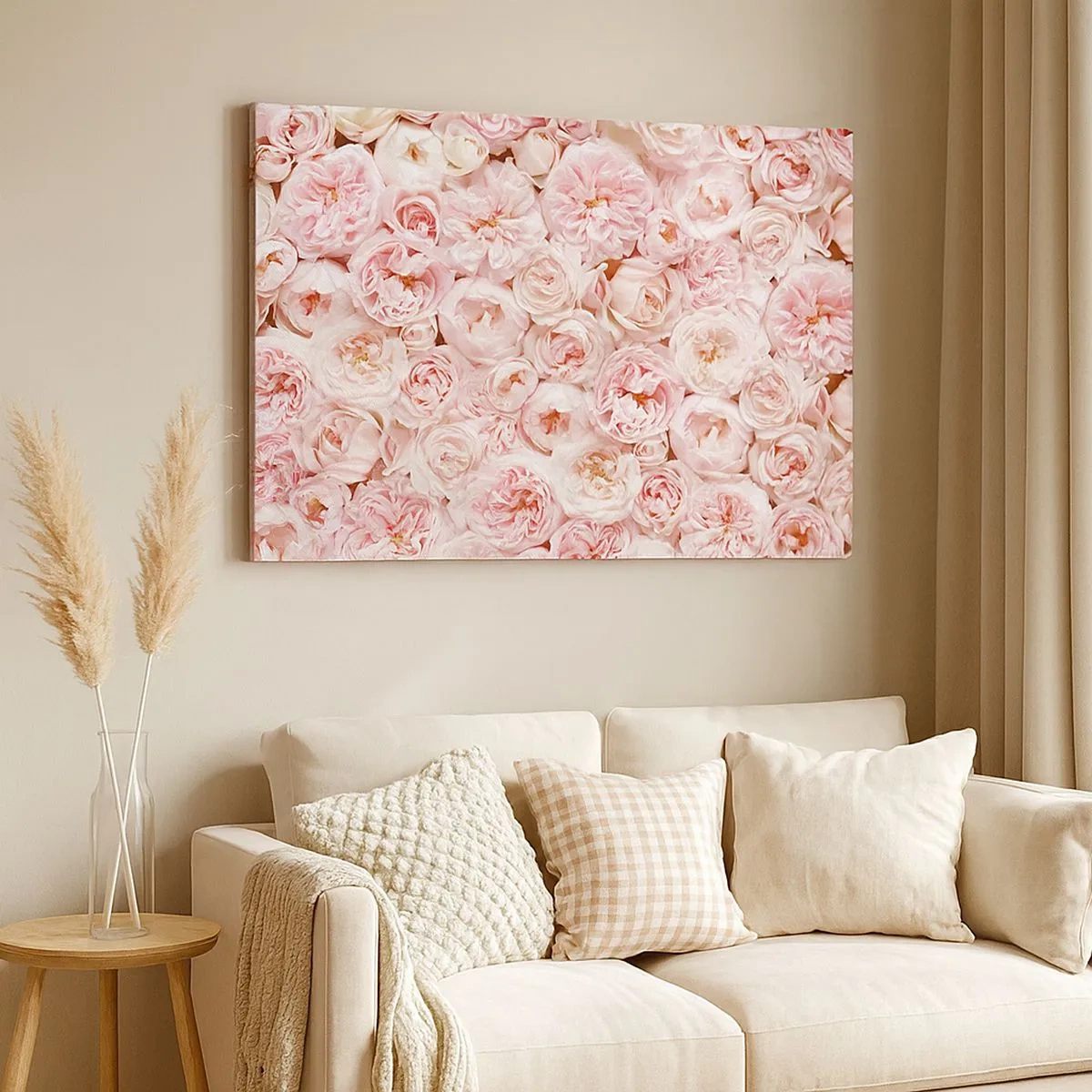 Cuadro sobre lienzo - Impresión de Imagen - Delicadas rosas en tonos rosa por toda la superficie. - 70x50cm - Salpicado de rosas - Decoración de pared moderna para salón y dormitorio ARTTOR