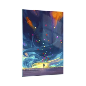 Cuadro sobre vidrio - Impresiones sobre Vidrio - Una figura con globos contra un fondo de nubes coloridas y arremolinadas. - 70x100cm - En un viento azul - Decoración de pared moderna para salón y dormitorio ARTTOR