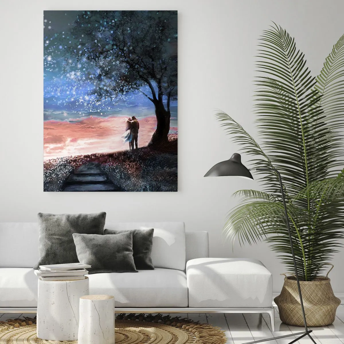 Cuadro sobre vidrio - Impresiones sobre Vidrio - Una pareja de enamorados bajo un árbol con la luna y las estrellas. - 50x70cm - Un espectáculo estelar - Decoración de pared moderna para salón y dormitorio ARTTOR