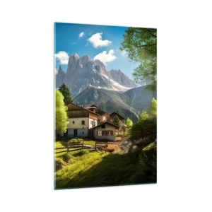 Cuadro sobre vidrio - Impresiones sobre Vidrio - Un pueblo de montaña con casas y vistas a los Alpes. - 70x100cm - Idilio alpino - Decoración de pared moderna para salón y dormitorio ARTTOR