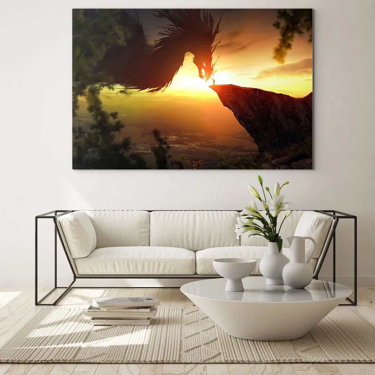Cuadro sobre vidrio - Impresiones sobre Vidrio - Un dragón a la luz del sol poniente sobre un acantilado. - 120x80cm - Cazador de dragones - Decoración de pared moderna para salón y dormitorio ARTTOR