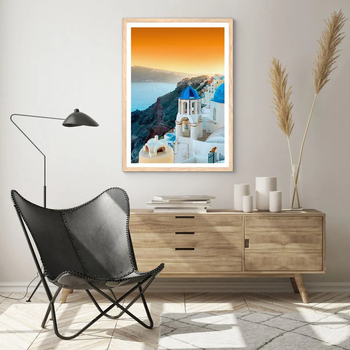 Póster en marco roble claro - Santorini - el abrazo a las rocas - 70x100 cm