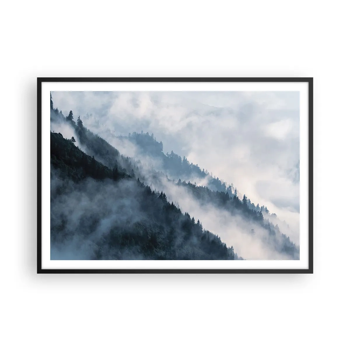 Póster en marco negro - La niebla se cierne sobre las laderas boscosas de las montañas en un paisaje misterioso. - 100x70cm - Misticismo de las montañas - Decoración de pared moderna para salón y dormitorio ARTTOR