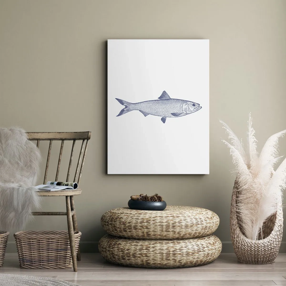 Cuadro sobre lienzo - Impresión de Imagen - Ilustración de un pez en tonos azules sobre un fondo claro. - 50x70cm - Saludos desde los mares del norte - Decoración de pared moderna para salón y dormitorio ARTTOR