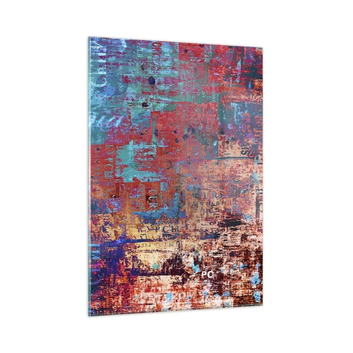Cuadro sobre vidrio - Impresiones sobre Vidrio - Composición abstracta en tonos azules y rojos. - 50x70cm - Memoria y olvido - Decoración de pared moderna para salón y dormitorio ARTTOR