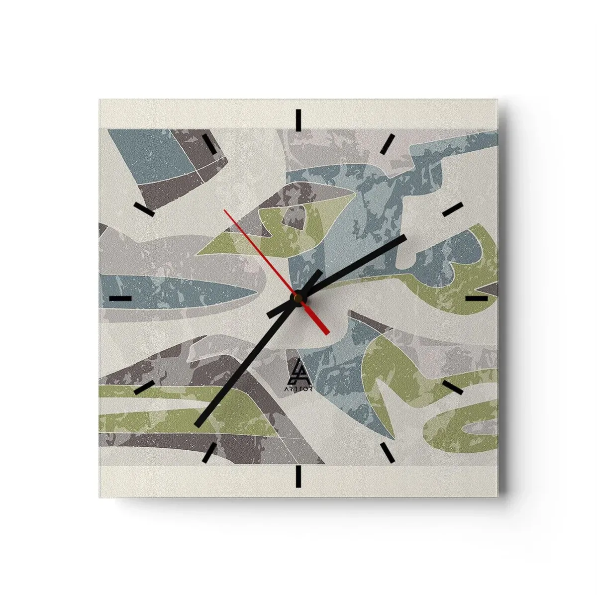 Reloj de pared - Reloj de vidrio - Formas abstractas en verde y azul sobre un fondo claro - 30x30cm - Composición tras vidriera - Decoración de pared moderna para salón y dormitorio ARTTOR
