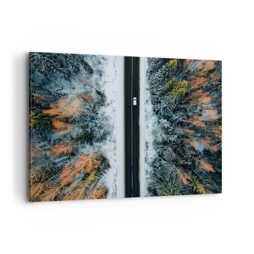 Cuadro sobre lienzo - Impresión de Imagen - Un camino a través de un bosque invernal visto a vista de pájaro - 120x80cm - Atravesar el bosque en invierno - Decoración de pared moderna para salón y dormitorio ARTTOR