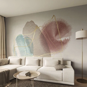 Fotomural Premium Canvas - Formas abstractas con colores delicados y líneas doradas. - 100x70cm - Abstracción coral del espacio - Decoración de pared moderna para salón y dormitorio ARTTOR