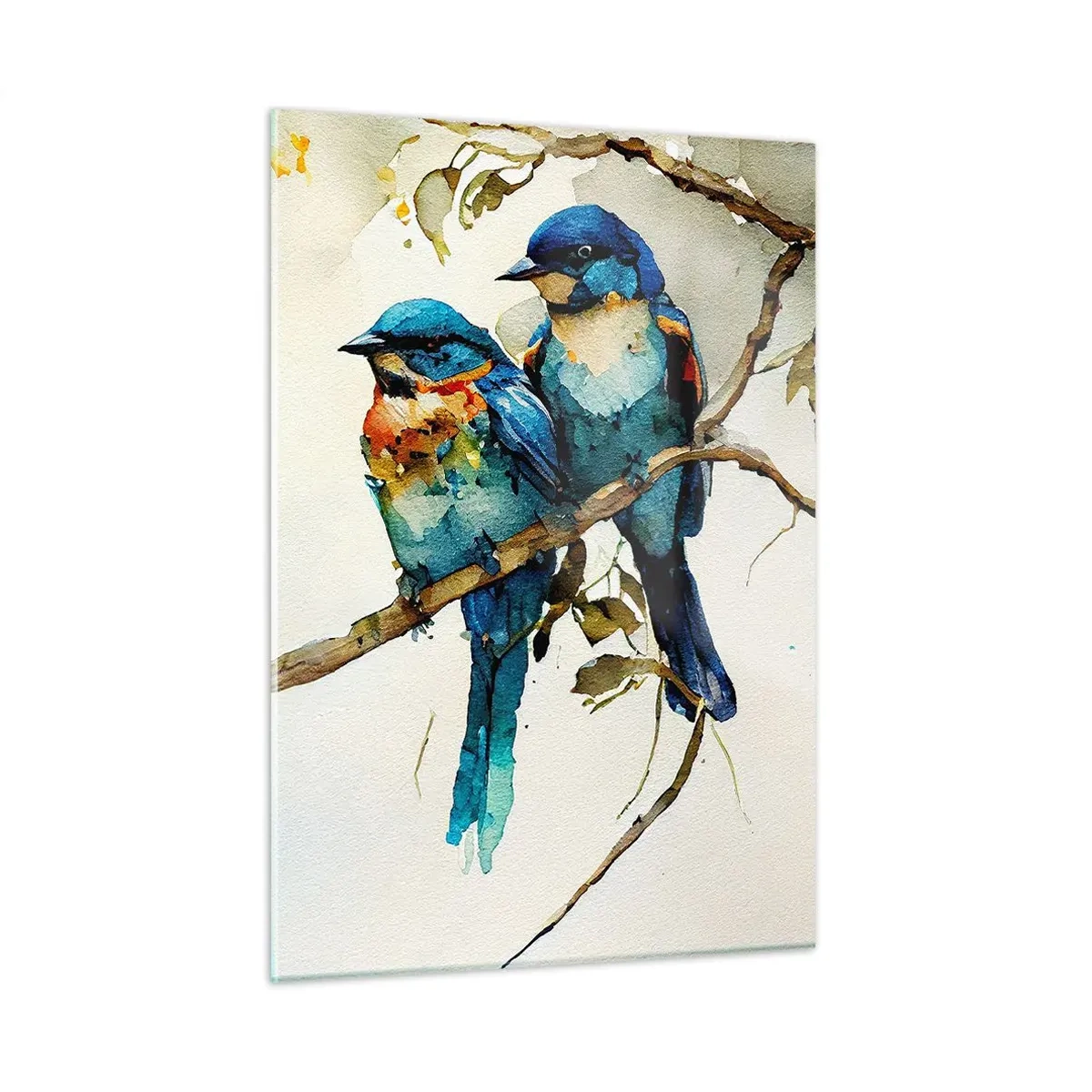 Cuadro sobre vidrio - Impresiones sobre Vidrio - Pájaros coloridos sentados en una rama en acuarela - 50x70cm - ¿Ofendido? - Decoración de pared moderna para salón y dormitorio ARTTOR