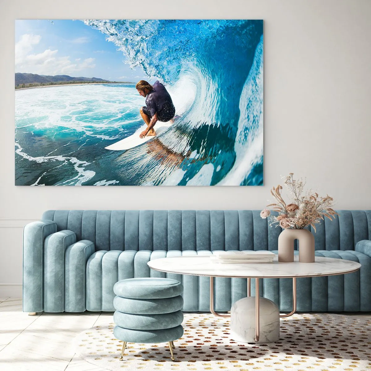 Cuadro sobre vidrio - Impresiones sobre Vidrio - Surfista en un túnel de agua con el océano al fondo - 70x50cm - Bailando con las olas - Decoración de pared moderna para salón y dormitorio ARTTOR