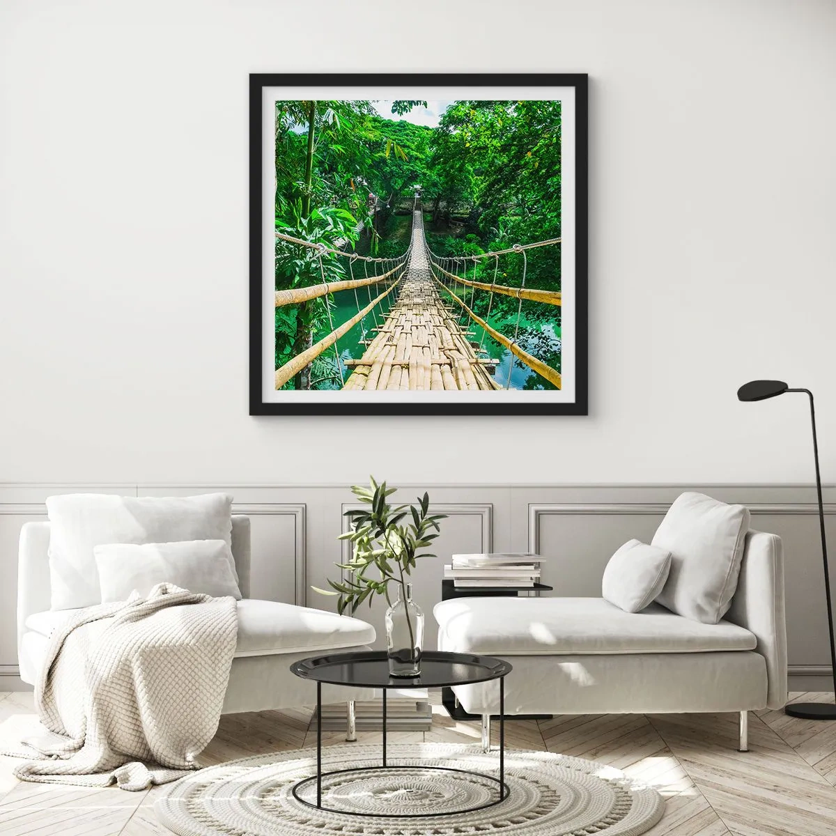 Póster en marco negro - Puente colgante sobre la vegetación - 30x30 cm