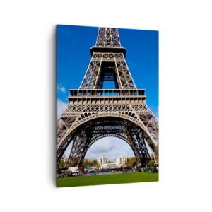 Cuadro sobre lienzo - Impresión de Imagen - La Torre Eiffel con el cielo azul y un parque verde como fondo. - 50x70cm - Todo París a sus pies - Decoración de pared moderna para salón y dormitorio ARTTOR