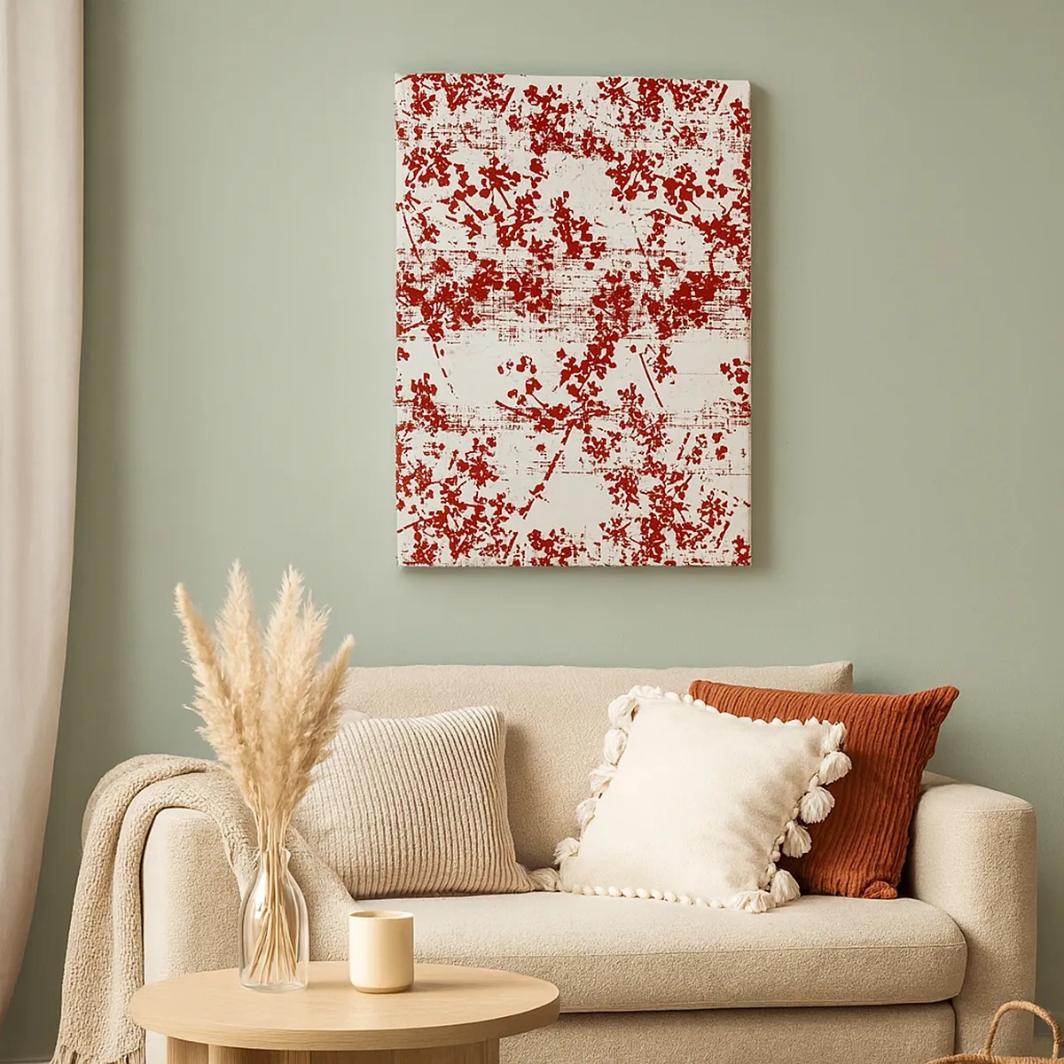 Cuadro sobre lienzo - Impresión de Imagen - Flores rojas sobre un fondo blanco en un estilo artístico. - 50x70cm - Como un viejo percal - Decoración de pared moderna para salón y dormitorio ARTTOR