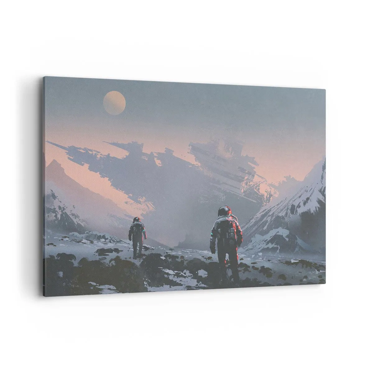 Cuadro sobre lienzo - Impresión de Imagen - Astronautas en un planeta alienígena con una nave espacial destrozada - 120x80cm - Bajo una estrella desconocida - Decoración de pared moderna para salón y dormitorio ARTTOR
