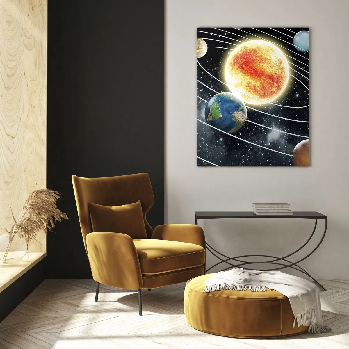 Cuadro sobre vidrio - Impresiones sobre Vidrio - Sistema solar con planetas y sol en el espacio. - 70x100cm - Danza cósmica - Decoración de pared moderna para salón y dormitorio ARTTOR