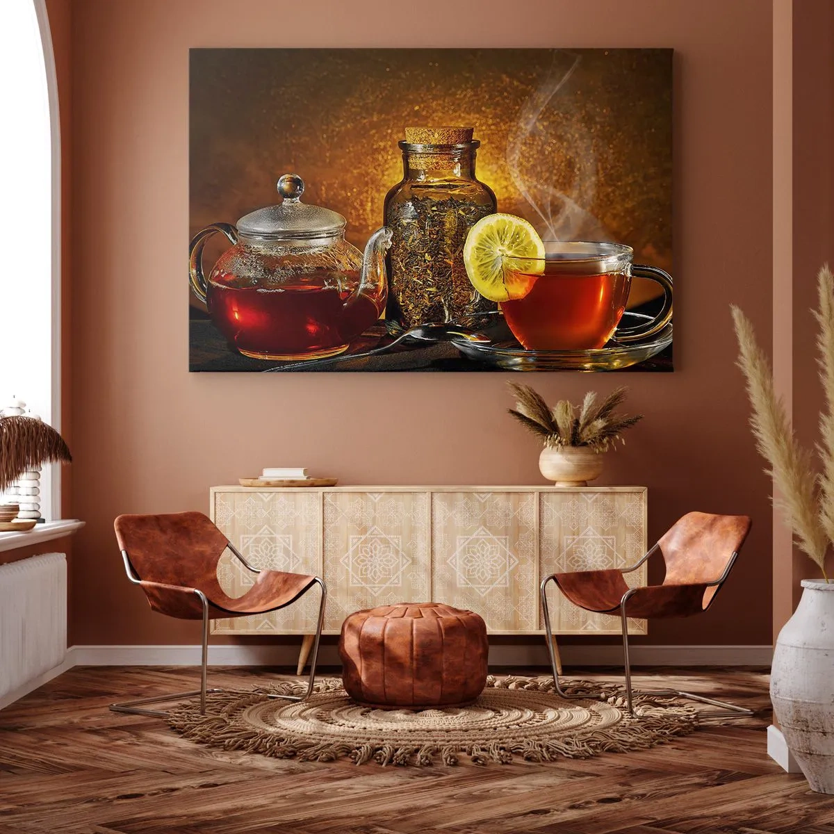 Cuadro sobre lienzo - Impresión de Imagen - Té en jarra de cristal con limón y té suelto. - 100x70cm - Al estilo de los maestros holandeses - Decoración de pared moderna para salón y dormitorio ARTTOR
