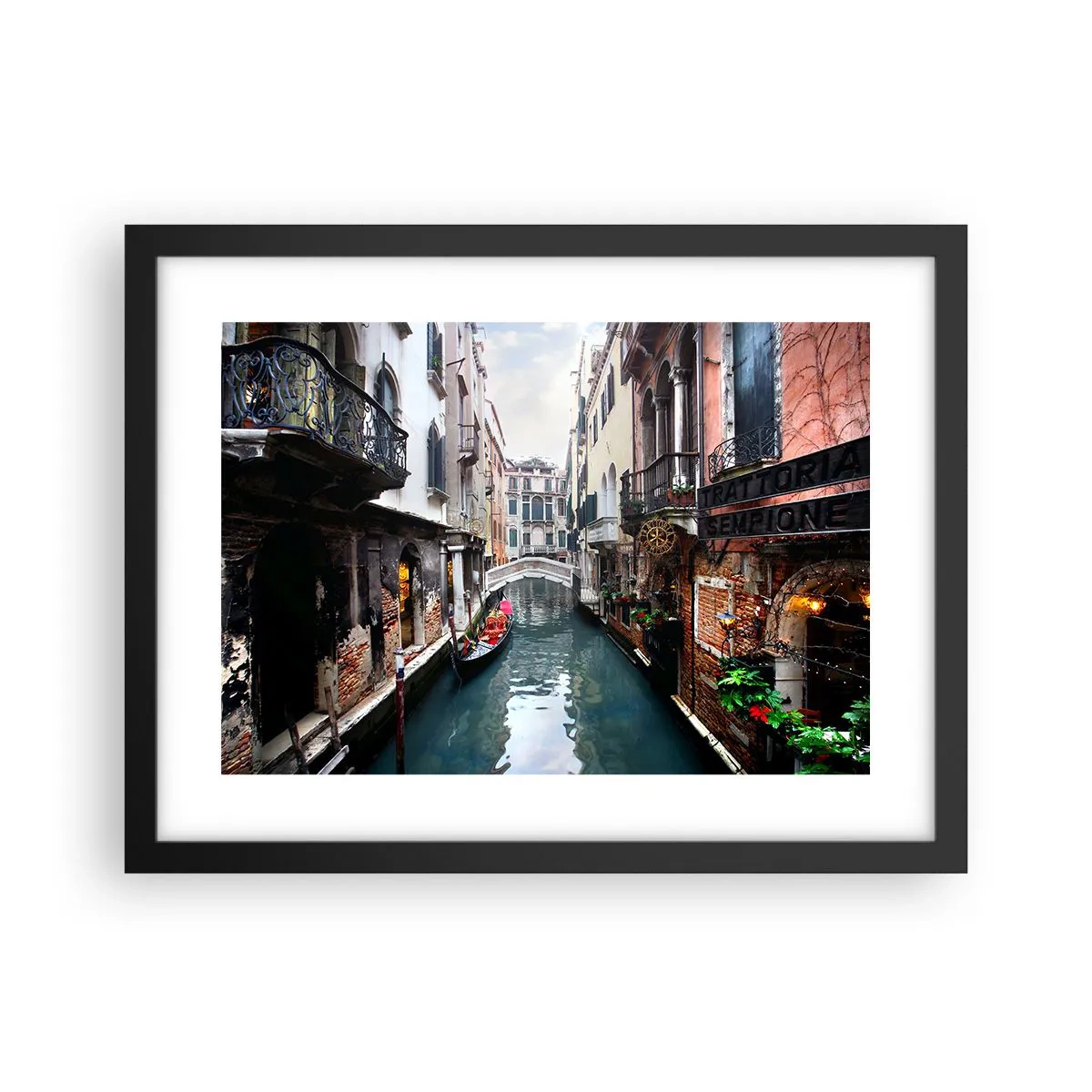Póster en marco negro - Paisaje veneciano con góndola y puente - 40x30 cm