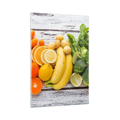 Cuadro sobre vidrio - Impresiones sobre Vidrio - Frutas y verduras coloridas sobre un fondo de madera - 80x120cm - ¿No es suficiente? - Decoración de pared moderna para salón y dormitorio ARTTOR