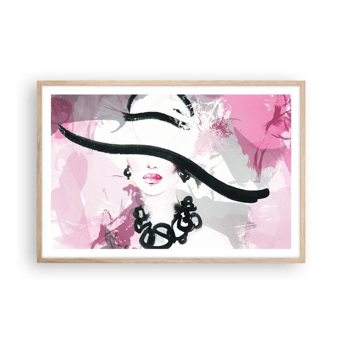 Póster en marco roble claro - Retrato de una dama en negro y rosa - 91x61 cm