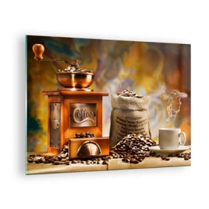 Cuadro sobre vidrio - Impresiones sobre Vidrio - Molinillo de café, granos y una taza sobre una mesa de madera. - 70x50cm - El crujido de los granos, el ruido del molino - Decoración de pared moderna para salón y dormitorio ARTTOR