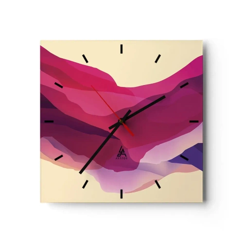 Reloj de pared - Reloj de vidrio - Ondas abstractas en tonos morados y rosas sobre un fondo claro. - 30x30cm - Ondas púrpuras - Decoración de pared moderna para salón y dormitorio ARTTOR