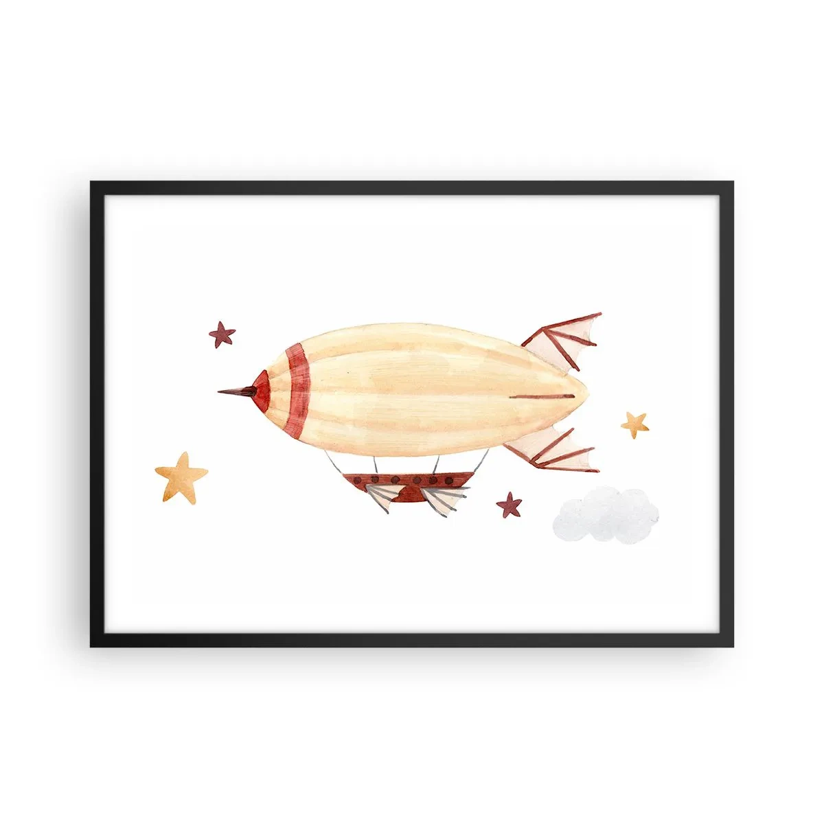 Póster en marco negro - Un dirigible pintado a mano con un fondo de estrellas. - 70x50cm - Dirigible - Decoración de pared moderna para salón y dormitorio ARTTOR