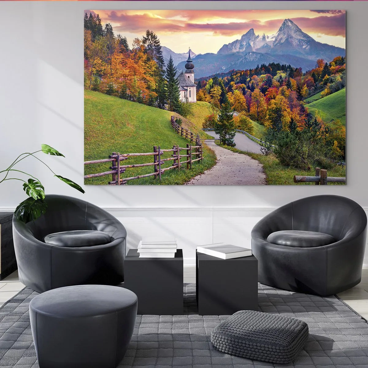 Cuadro sobre vidrio - Impresiones sobre Vidrio - Paisaje otoñal de montaña con una iglesia y una carretera que atraviesa las colinas. - 70x50cm - Paisaje como una pintura - Decoración de pared moderna para salón y dormitorio ARTTOR