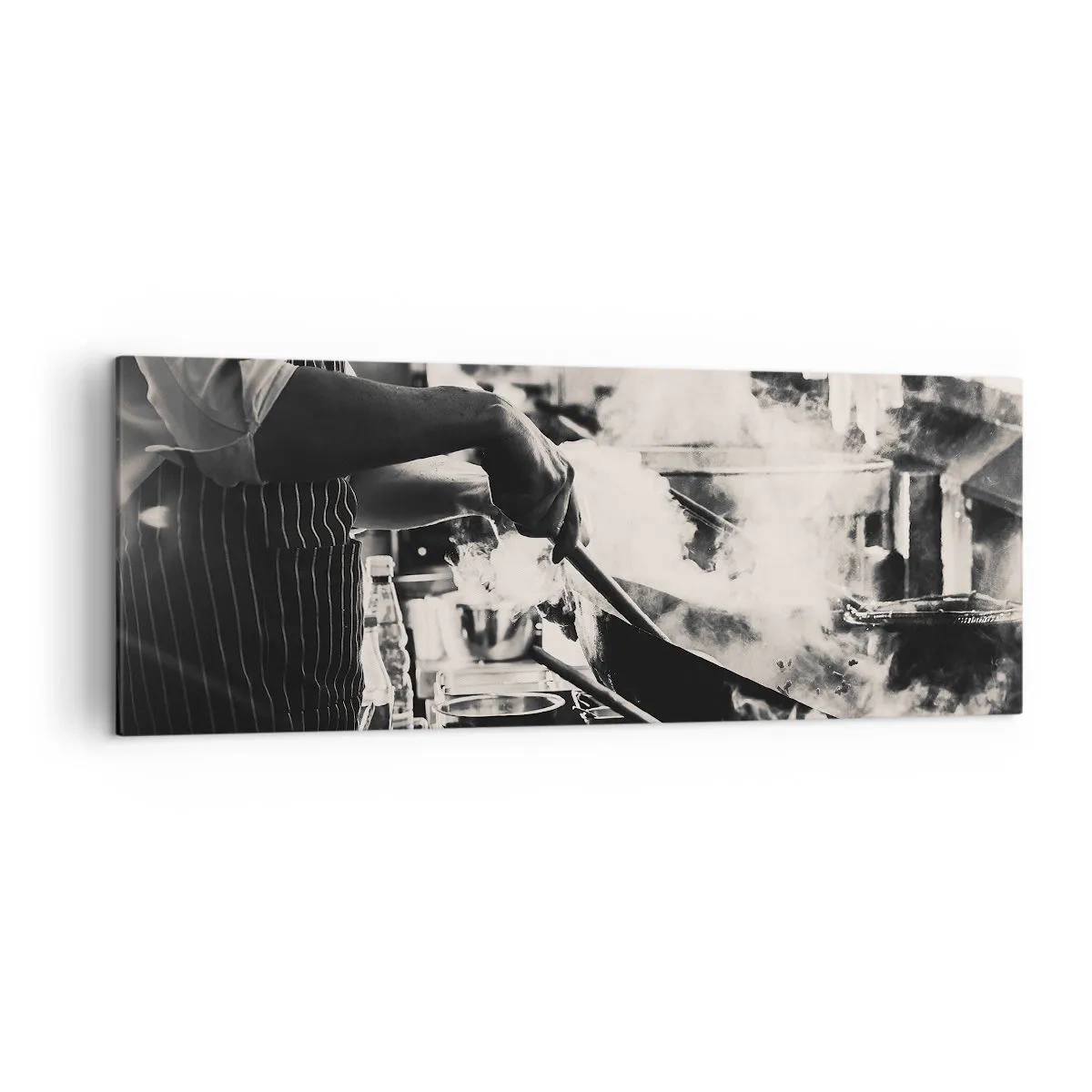 Cuadro sobre lienzo - Impresión de Imagen - Un chef trabajando en la cocina con vapor saliendo de una sartén. - 140x50cm - Alquimia de sabores - Decoración de pared moderna para salón y dormitorio ARTTOR