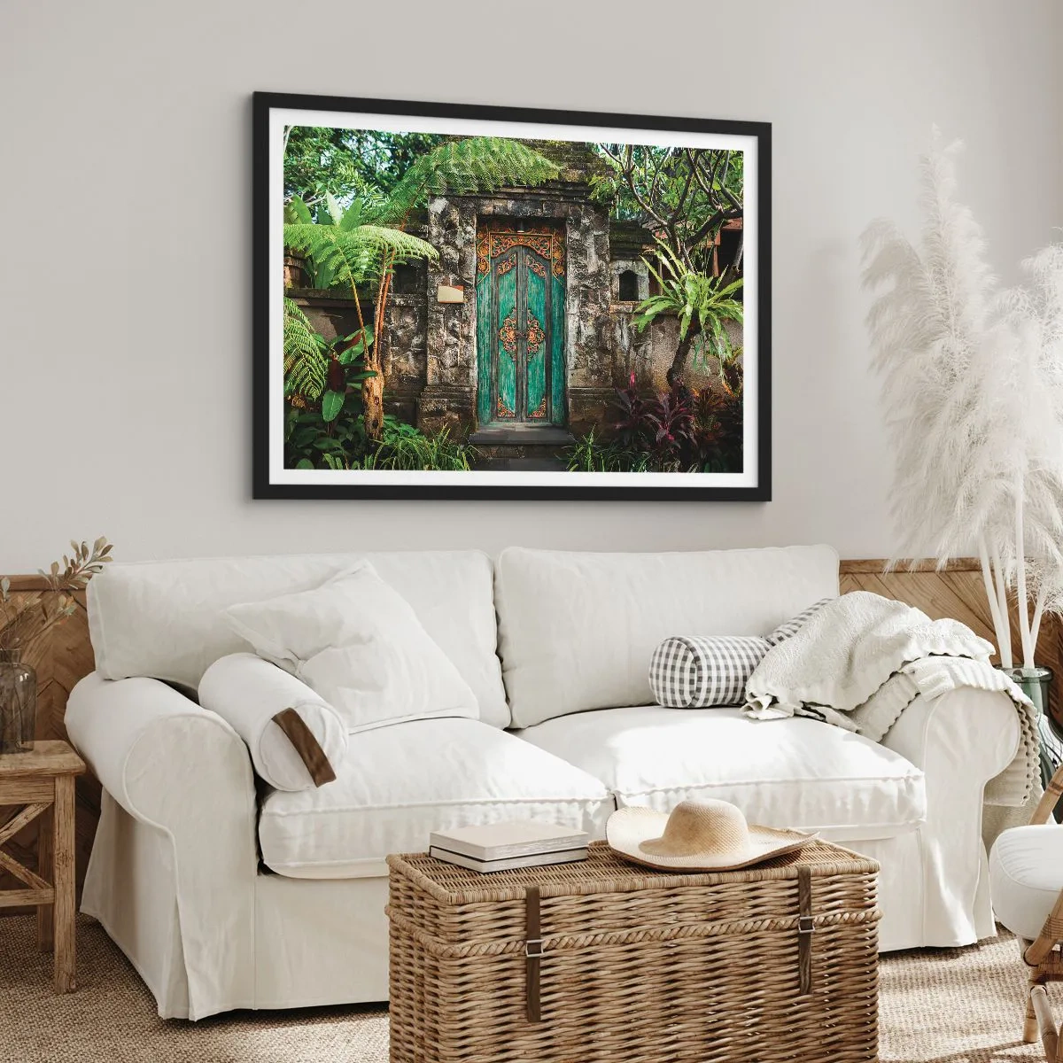 Póster en marco negro - Puertas decorativas rodeadas de vegetación tropical. - 70x50cm - Una puerta a un mundo exótico - Decoración de pared moderna para salón y dormitorio ARTTOR