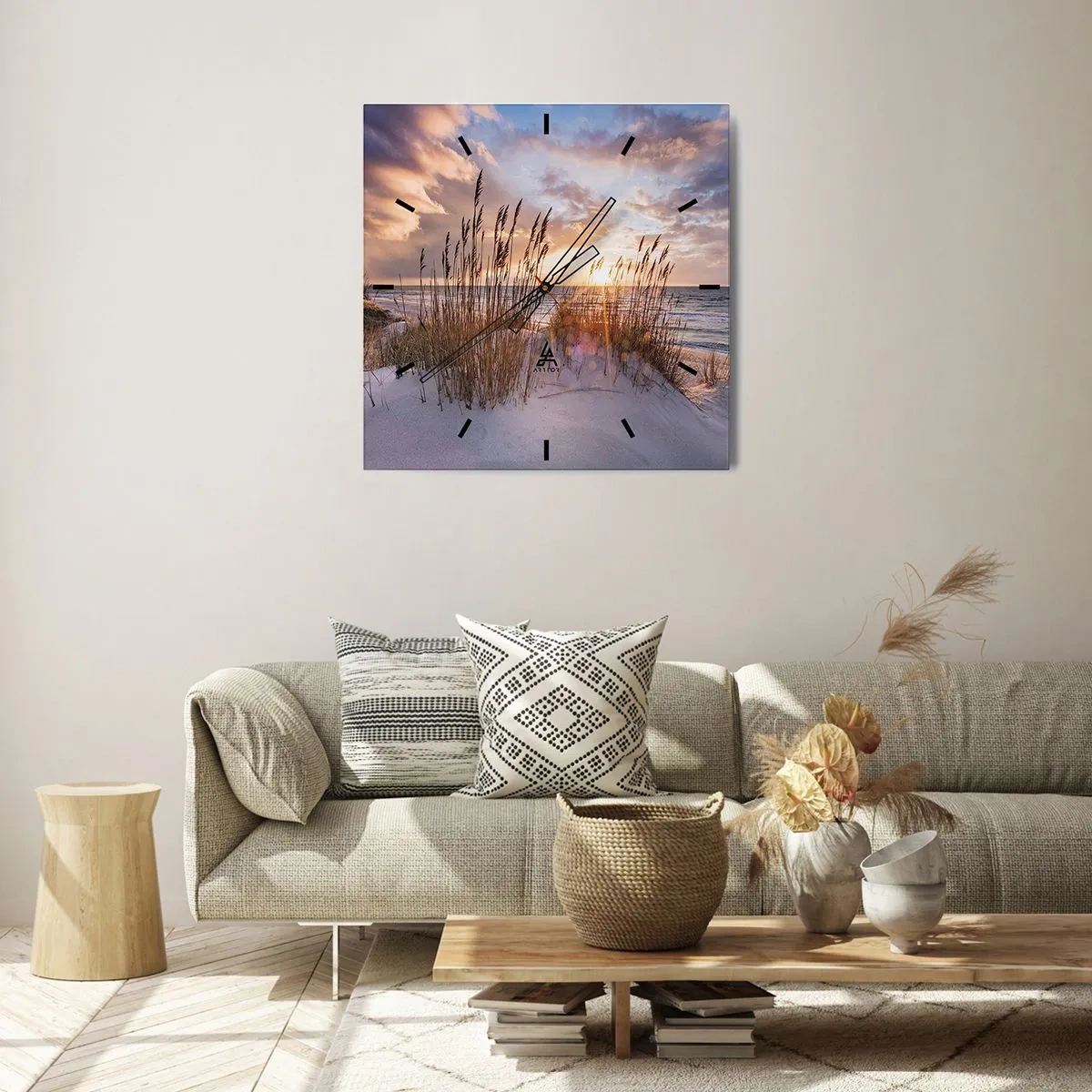 Reloj de pared - Reloj de vidrio - Dunas con hierbas con el sol poniente como telón de fondo - 30x30cm - Adiós al sol y al viento - Decoración de pared moderna para salón y dormitorio ARTTOR