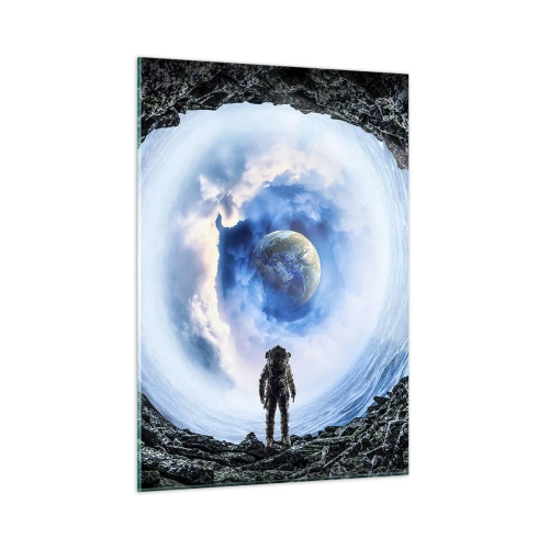 Cuadro sobre vidrio - Impresiones sobre Vidrio - Un astronauta mirando la Tierra desde el interior de una cueva rocosa. - 50x70cm - No muy lejos de casa - Decoración de pared moderna para salón y dormitorio ARTTOR