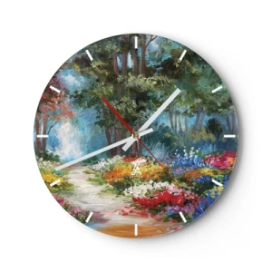 Reloj de pared - Reloj de vidrio - Un jardín colorido con flores y árboles al fondo. - 30x30cm - Jardín forestal, bosque floral - Decoración de pared moderna para salón, cocina y dormitorio ARTTOR