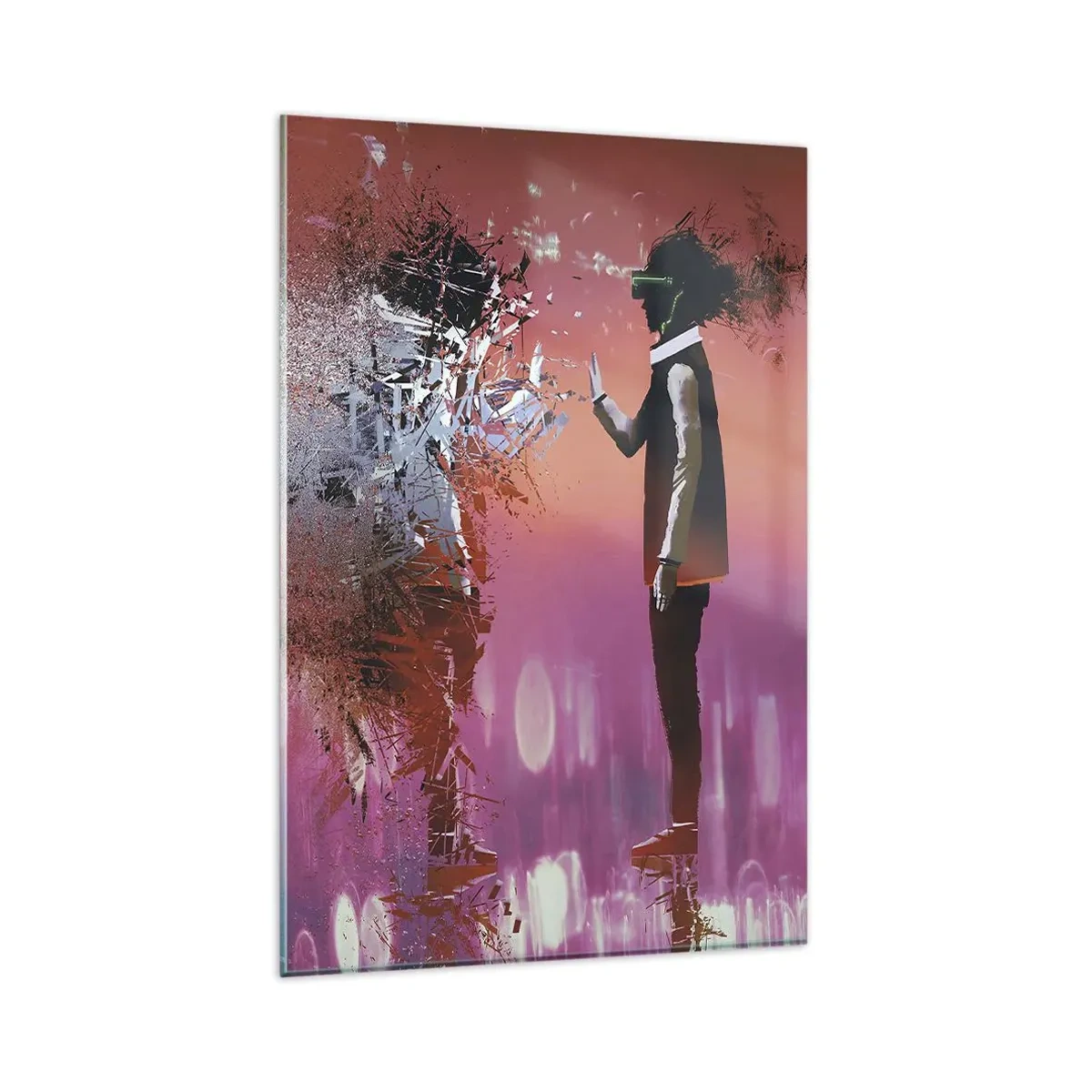 Cuadro sobre vidrio - Impresiones sobre Vidrio - Una escena abstracta con una figura futurista y elementos dispersos. - 80x120cm - ¿Es posible mirar dentro de uno mismo? - Decoración de pared moderna para salón y dormitorio ARTTOR