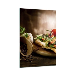 Cuadro sobre vidrio - Impresiones sobre Vidrio - Pizza con verduras sobre tabla de madera en estilo rústico - 70x100cm - Directamente del horno y del jardín - Decoración de pared moderna para salón y dormitorio ARTTOR