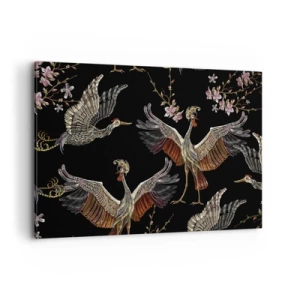 Cuadro sobre lienzo - Impresión de Imagen - Grullas y flores elegantes sobre un fondo negro. - 120x80cm - Aves de cuento de hadas - Decoración de pared moderna para salón y dormitorio ARTTOR