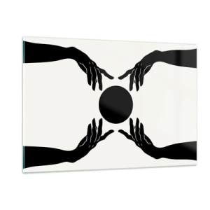 Cuadro sobre vidrio - Impresiones sobre Vidrio - Manos negras alrededor de un círculo negro sobre un fondo claro - 120x80cm - Una señal secreta - Decoración de pared moderna para salón y dormitorio ARTTOR
